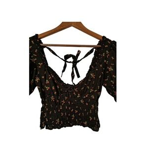 URBAN OUTFITTERS Navy Floral Smocked Puff Sleeve Tie Back Crop Top XS